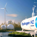 Depósito de hidrógeno renovable junto a turbina eólica y paneles solares