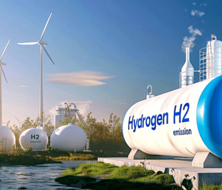 Depósito de hidrógeno renovable junto a turbina eólica y paneles solares