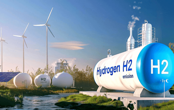 Depósito de hidrógeno renovable junto a turbina eólica y paneles solares