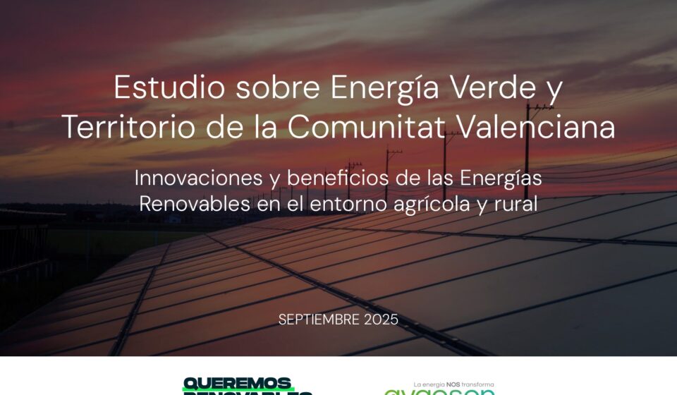 imagen de paneles solares de fondo con letras encima que dicen Estudio sobre Energía Verde y territorio en la Comunitat Valenciana