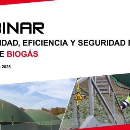 cartel anunciando un webinar sobre seguridad en plantas de biogás organizado por la empresa ESDERS España con un texto acompañado de una imagen de una planta de biogás