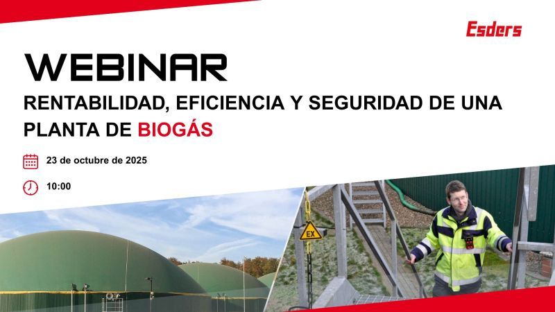cartel anunciando un webinar sobre seguridad en plantas de biogás organizado por la empresa ESDERS España con un texto acompañado de una imagen de una planta de biogás