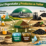 imagen estilo animación mostrando los diferentes materiales y productos derivados del digestato