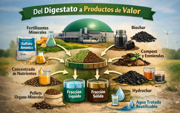 imagen estilo animación mostrando los diferentes materiales y productos derivados del digestato