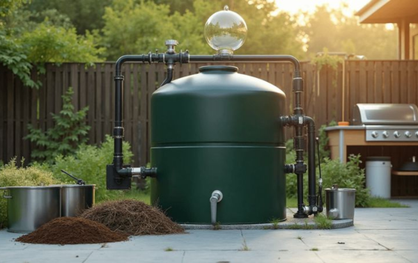 estructura modular para producir biogás junto a un montón de compost