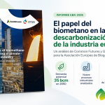 Imagen del informe de Common Futures y Guidehouse sobre el papel del biometano en la descarbonización de la industria europea, con una estimación de demanda potencial de 35 bcm en 2050.