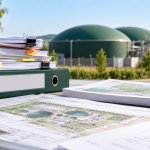 Documentación ambiental y planos técnicos de una planta de biogás, con digestores al fondo.