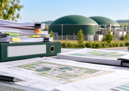 Documentación ambiental y planos técnicos de una planta de biogás, con digestores al fondo.