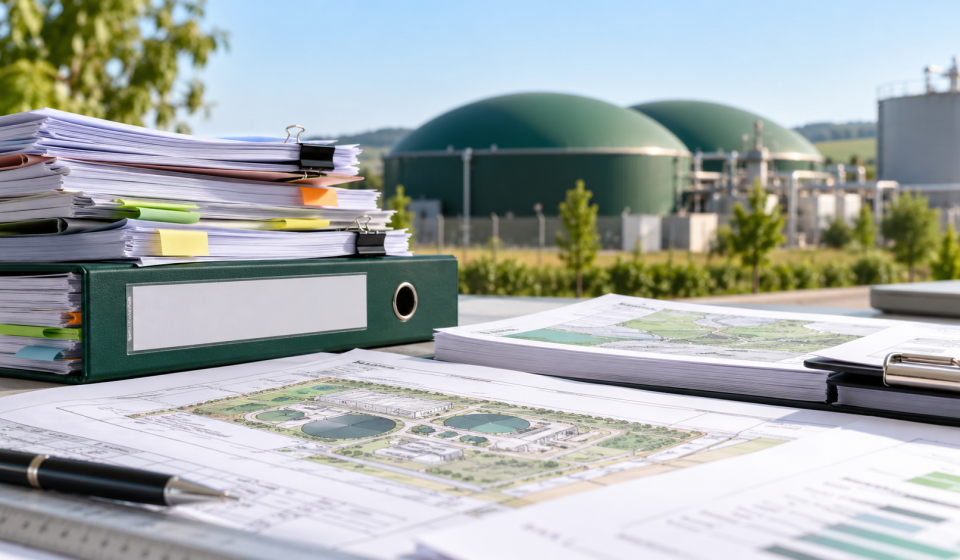 Documentación ambiental y planos técnicos de una planta de biogás, con digestores al fondo.