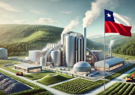 Ilustración de una planta industrial de valorización de residuos en Chile, utilizada para representar la producción de syngas mediante gasificación por plasma.