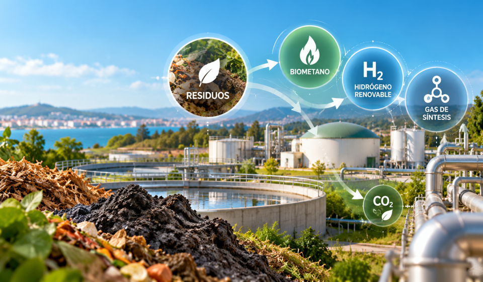 Ilustración de la valorización de residuos para producir biometano, hidrógeno renovable y gas de síntesis mediante tecnologías investigadas en POWER2X.